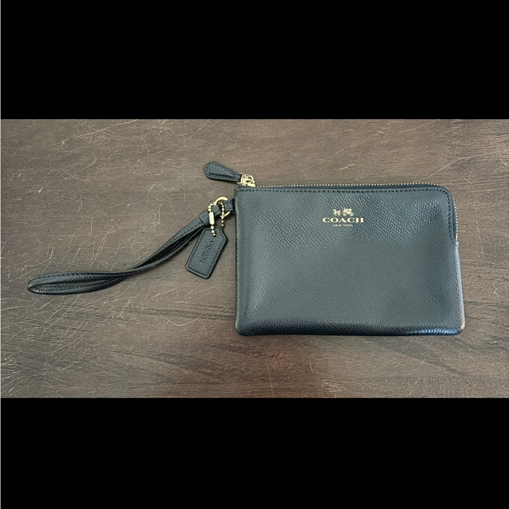 Coach Black Leather Wristlet with Gold Accents
